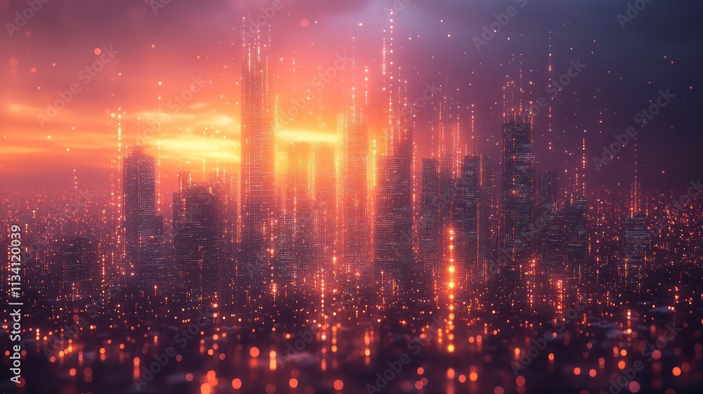 Fototapeta premium Futuristic Cityscape at Sunset: A Digital Metropolis
