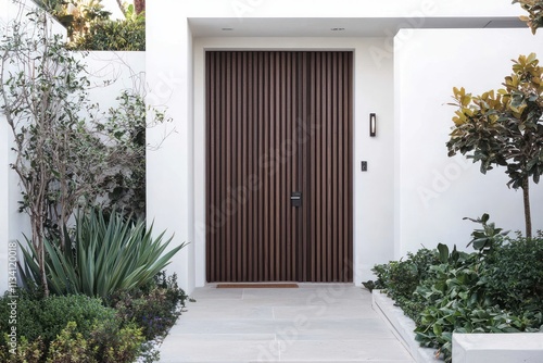 Wooden door with vertical grooves, paired with clean white walls and a minimalist garden.