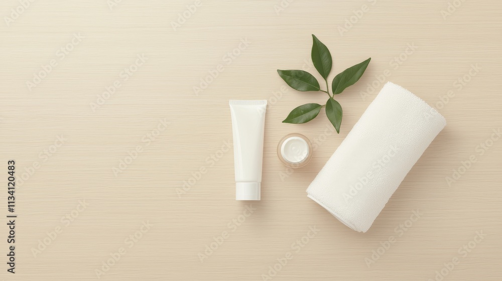 Fototapeta premium Skincare essentials on minimalistic wood background