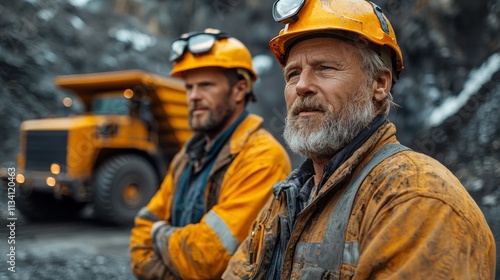 Two miners in protective gear stand near a large mining truck in an active quarry during the day