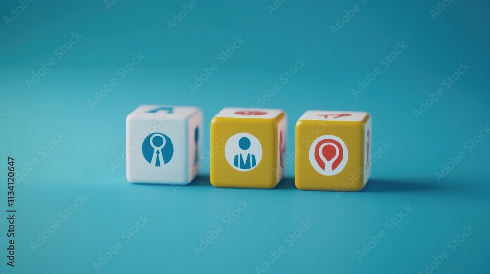 Four colorful cubes with different icons representing various stages of a hiring process or applicant selection. Four colorful cubes with different icons representing various stages of a hiring process or applicant selection.