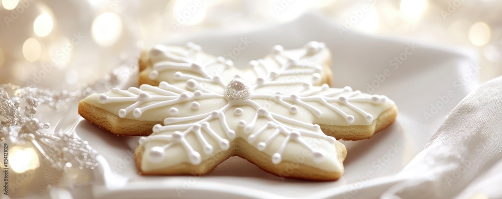 A beautifully decorated snowflake-shaped cookie on a plate, set against a soft, festive backdrop. A beautifully decorated snowflake-shaped cookie on a plate, set against a soft, festive backdrop.
