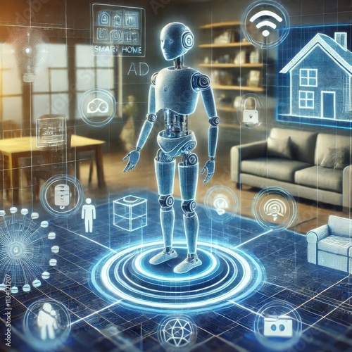 Wallpaper Mural 3d, photorealistic, background blurred, Scheme of operation of a smart home controlled by artificial intelligence in the form of a robot hologram Torontodigital.ca