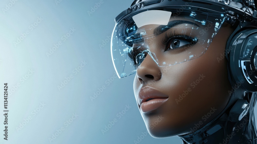 Futuristic Cybernetic Portrait of a Woman with High-Tech Visor and Enhanced Features, Showcasing Advanced Technology and Artistic Expression in a Modern Setting Futuristic Cybernetic Portrait of a Woman with High-Tech Visor and Enhanced Features, Showcasing Advanced Technology and Artistic Expression in a Modern Setting