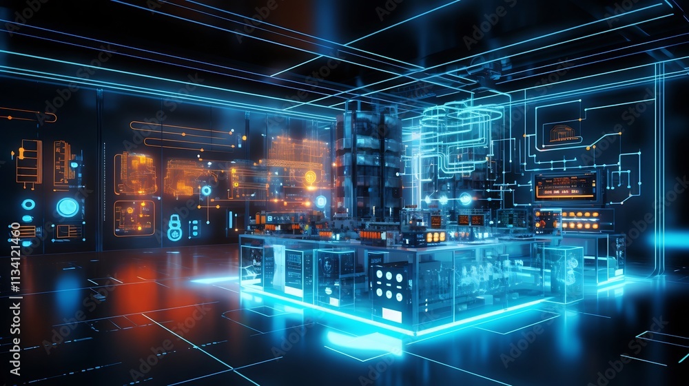 Fototapeta premium Digital Twin Technology Visualizing Automated Factory Processes and Management in a Modern Control Room Dashboard Interface Concept of Industrial Digitalization Smart Manufacturing