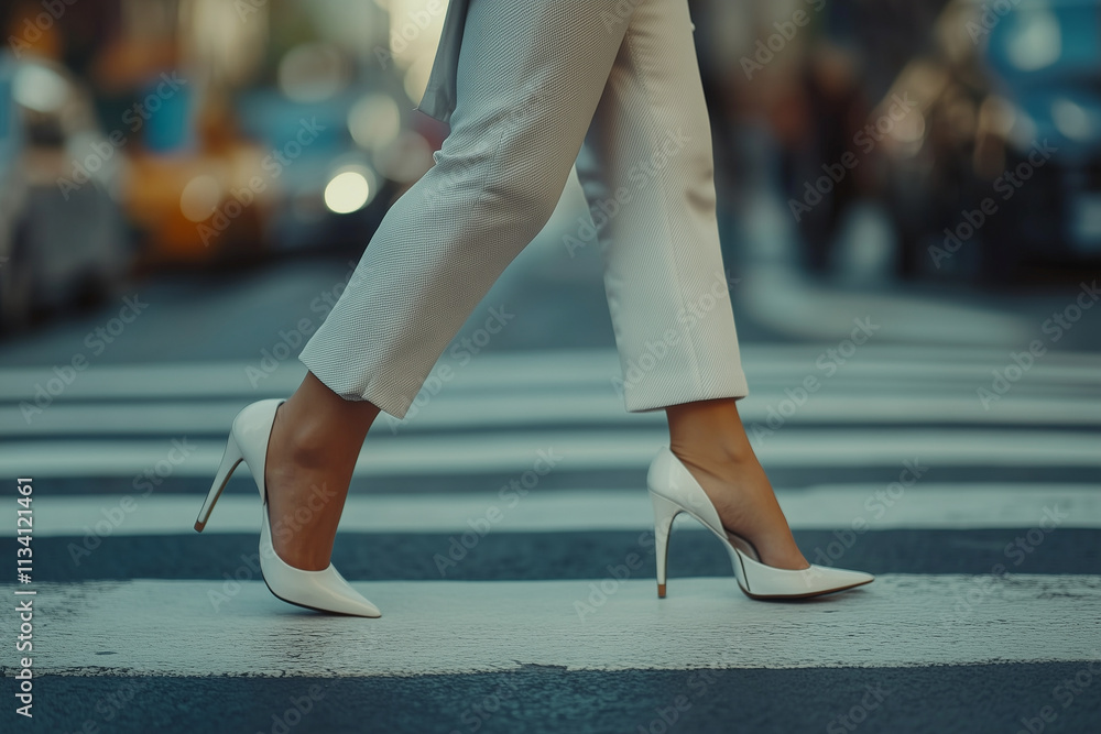 woman wearing white shoes is walking across a crosswalk. The image has a mood of elegance and sophistication, as the woman is dressed in a business suit and high heels woman wearing white shoes is walking across a crosswalk. The image has a mood of elegance and sophistication, as the woman is dressed in a business suit and high heels