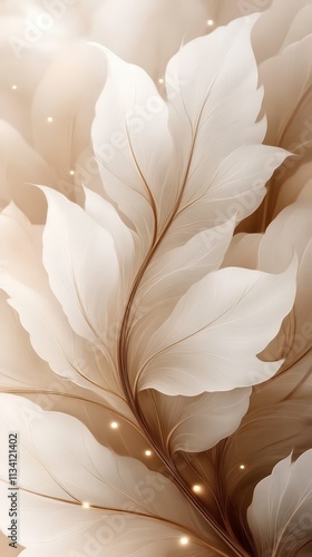 Soft, glowing white leaves with brown stems and golden light bokeh.