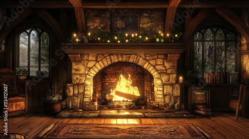 Cozy stone fireplace with burning logs, Christmas garland, and candles. Perfect for holiday, winter, or home designs emphasizing warmth and comfort.