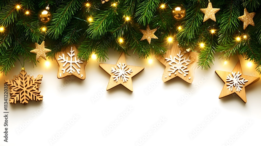 Festive Christmas border with fir branches, lights, stars, and snowflakes on white background. Festive Christmas border with fir branches, lights, stars, and snowflakes on white background.
