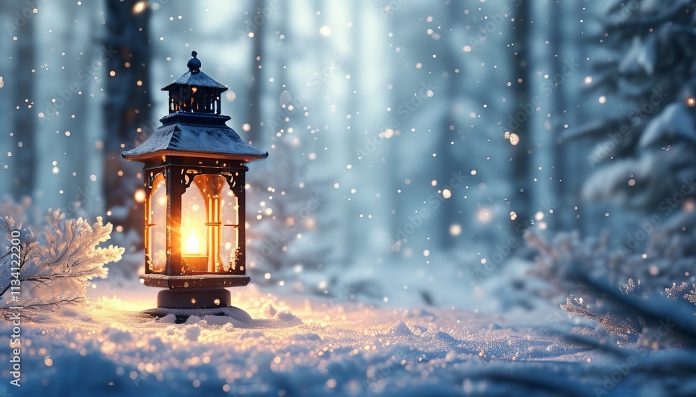 Snow-covered lantern glowing in a forest, soft lighting, tranquil winter atmosphere. Snow-covered lantern glowing in a forest, soft lighting, tranquil winter atmosphere.