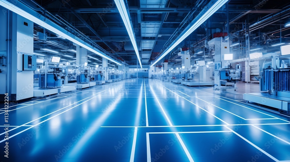 Futuristic blue lit factory floor showcasing advanced automated industrial technology and machinery with a modern high tech workspace environment Futuristic blue lit factory floor showcasing advanced automated industrial technology and machinery with a modern high tech workspace environment