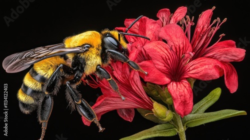 Bumblebee pollinating a vibrant red flower.