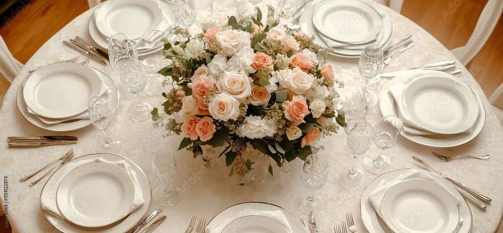 Elegant dining table set with floral centerpiece for a special occasion. Elegant dining table set with floral centerpiece for a special occasion.