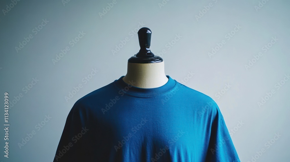 A plain, deep blue t-shirt displayed on a mannequin against a light gray background. A plain, deep blue t-shirt displayed on a mannequin against a light gray background.