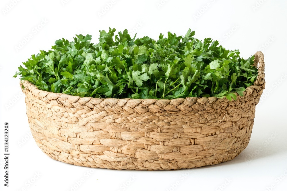 A woven basket filled with fresh cilantro leaves, ready for culinary use. A woven basket filled with fresh cilantro leaves, ready for culinary use.