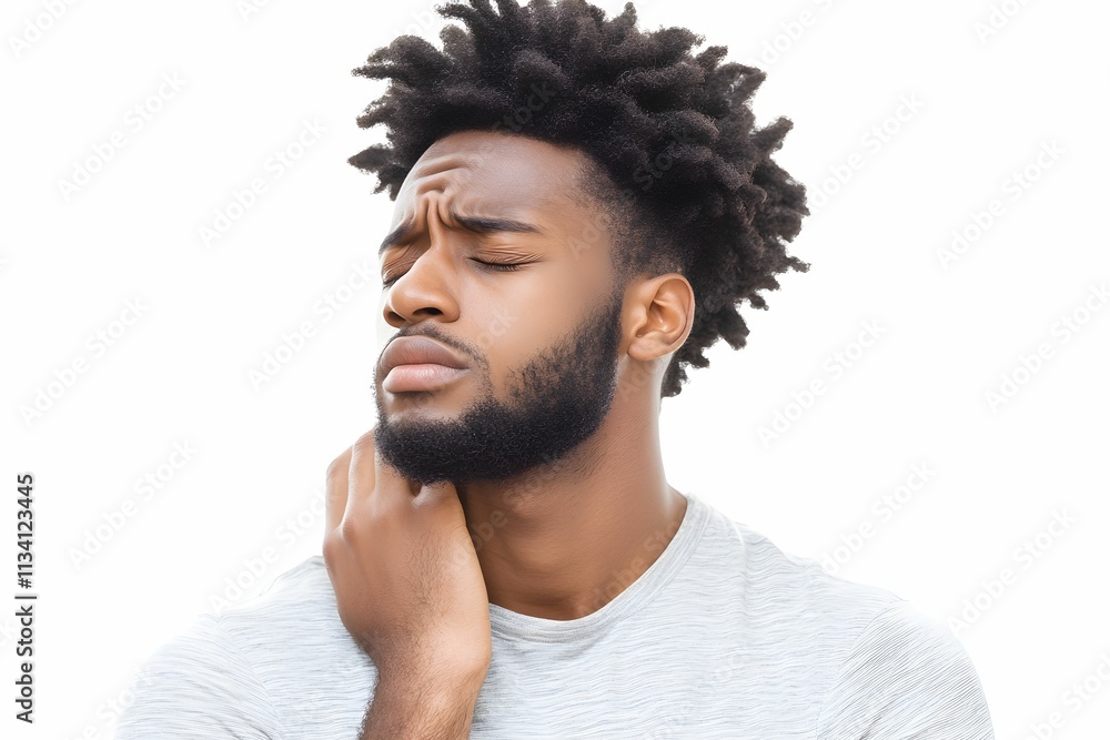 African American man shows signs of discomfort as he touches his neck, indicating pain. The setting is bright and minimal, enhancing the focus on his expression and body language. African American man shows signs of discomfort as he touches his neck, indicating pain. The setting is bright and minimal, enhancing the focus on his expression and body language.