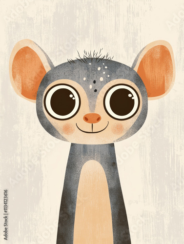 Cute cartoon animal character with large eyes and friendly expression. This whimsical design features playful creature with gray and orange color palette, perfect for children illustrations or