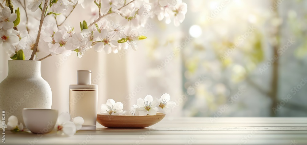 Perfume bottle/ skin care bottle on a luxury premium background. Cherry Blossom flowers in the vase. Soft light. Perfume bottle/ skin care bottle on a luxury premium background. Cherry Blossom flowers in the vase. Soft light.