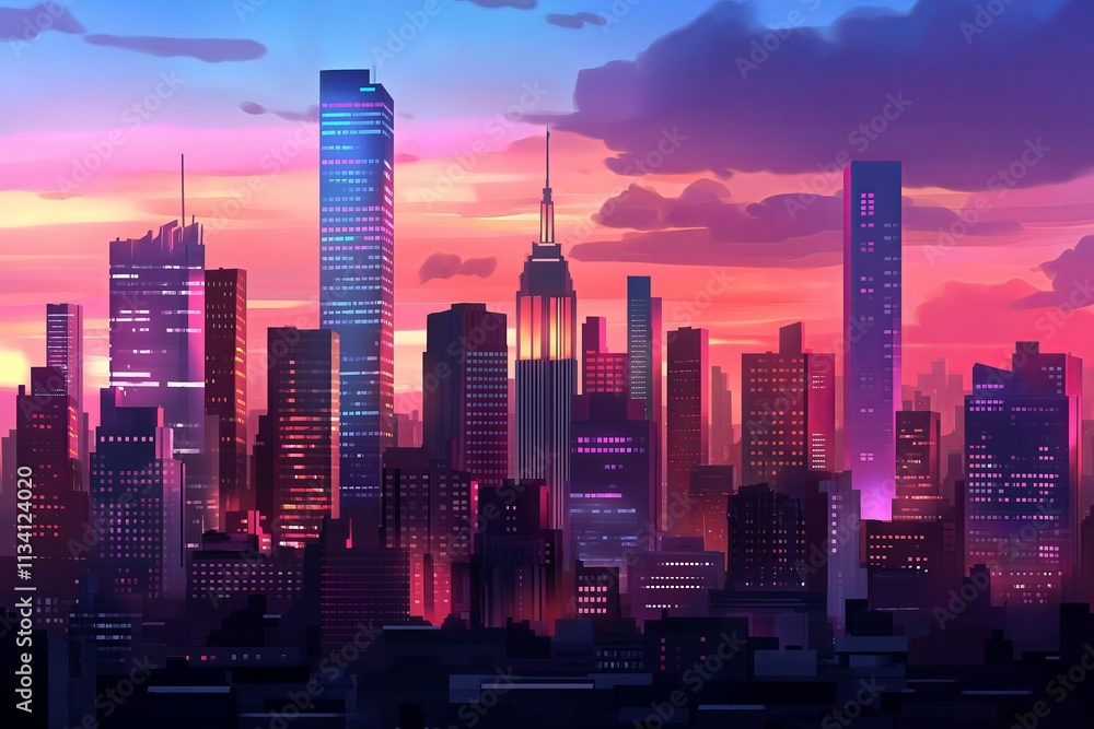 Fototapeta premium A bustling city skyline at sunset with skyscrapers glowing orange and purple.