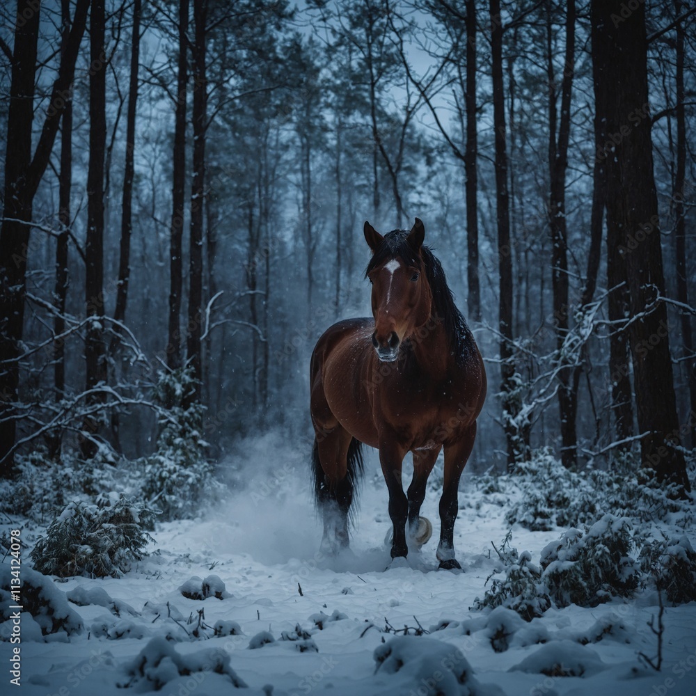 A horse standing in a snowy forest, steam rising from its breath under the moonlight. A horse standing in a snowy forest, steam rising from its breath under the moonlight.