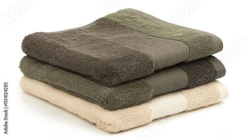 A stack of three towels in neutral colors, showcasing texture and softness for bath use.