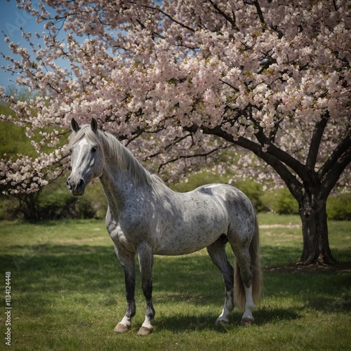 A dappled gray horse standing beneath a cherry blossom tree in full bloom.