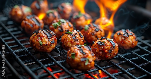 Grilled Chicken Meatballs Cooking Over Flames photo