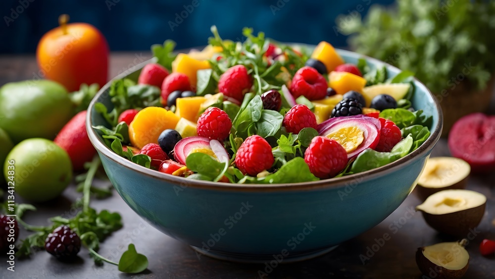 Colorful Fruit and Vegetable Salad in a Blue Bowl on a Dark Surface With Fresh Produce Nearby Colorful Fruit and Vegetable Salad in a Blue Bowl on a Dark Surface With Fresh Produce Nearby