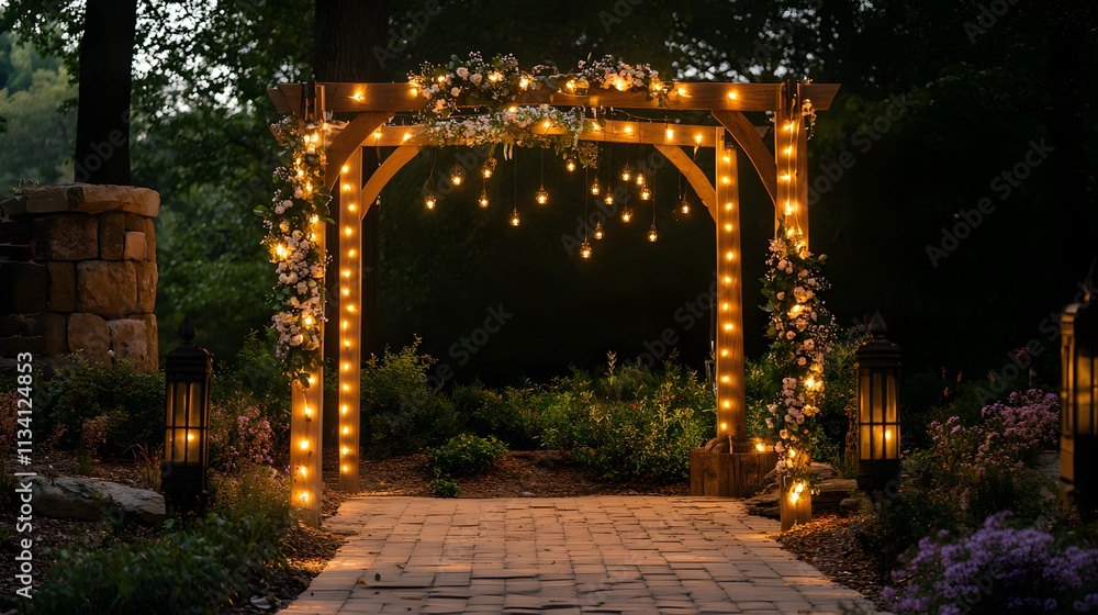 Obraz premium A beautifully decorated wedding arch with soft lighting accents, creating a magical glow that enhances the romantic atmosphere of the ceremony backdrop 