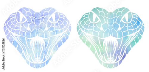 Vector set of watercolor clip arts of evil snake heads isolated from background. Green and blue serpent illustration. Symbol of 2025 Chinese New Year.