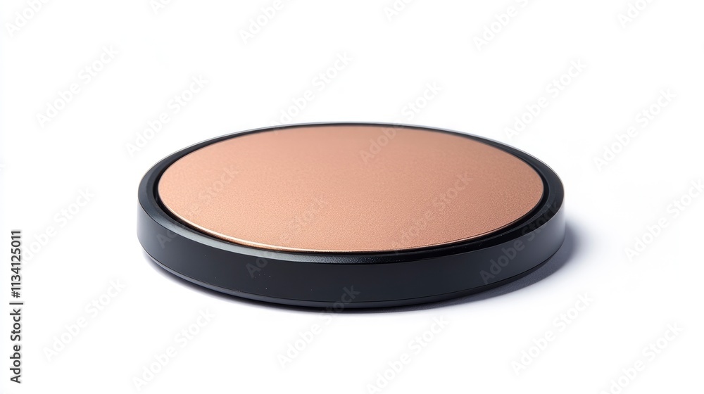 A round, matte compact of foundation makeup on a white background. A round, matte compact of foundation makeup on a white background.