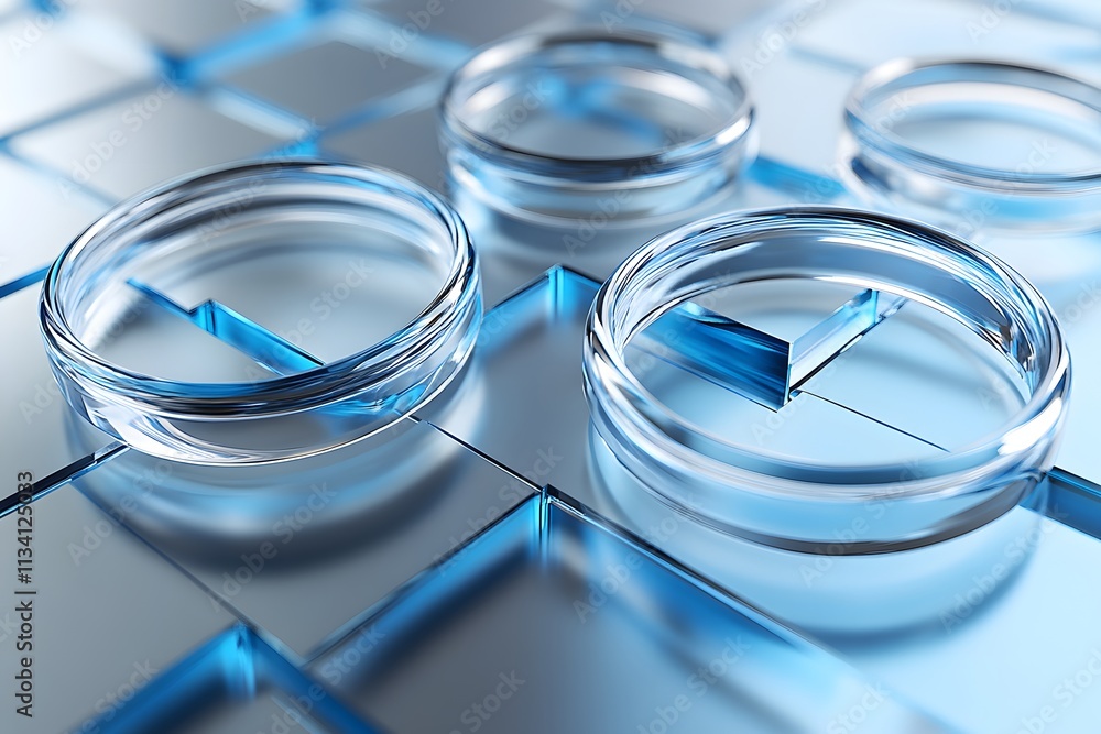 A high-resolution, detailed illustration of four transparent rings placed on top of blue and silver metal plates with glass squares in the background. Abstract style A high-resolution, detailed illustration of four transparent rings placed on top of blue and silver metal plates with glass squares in the background. Abstract style