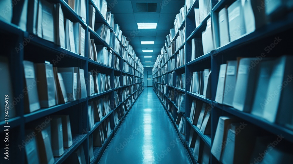 A spacious, climate-controlled hospital record room housing thousands of patient records. A spacious, climate-controlled hospital record room housing thousands of patient records.