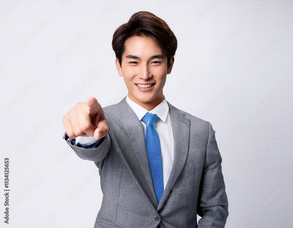 Confident Slim Asian Businessman in Gray Suit with Bold Gesture Confident Slim Asian Businessman in Gray Suit with Bold Gesture