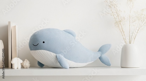 A whimsical stuffed whale in pastel blue, resting on a minimalist shelf with clean white walls behind it photo