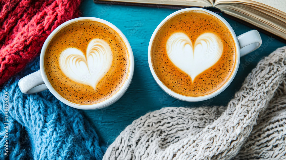 Warm coffee cups with heart art on cozy blanket and book Warm coffee cups with heart art on cozy blanket and book
