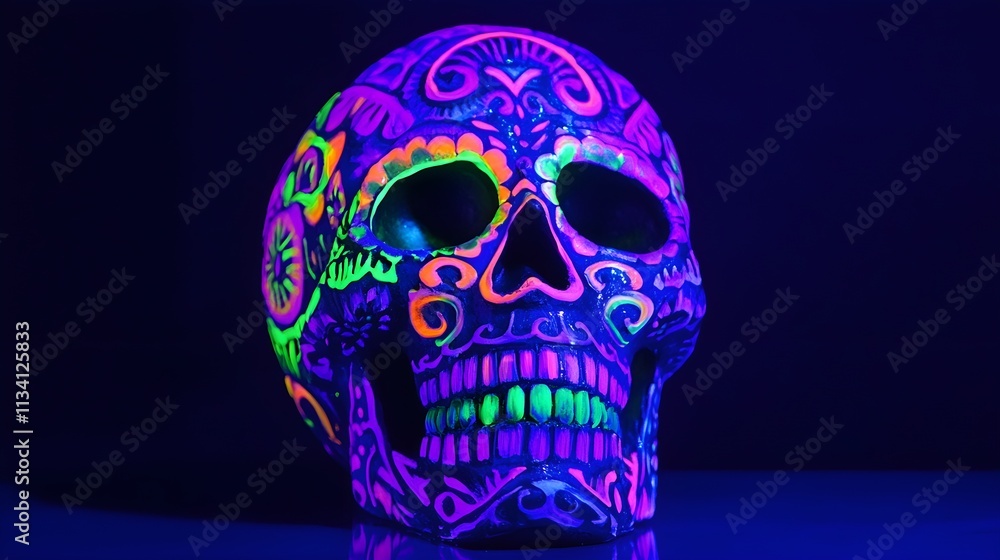 A vibrant sugar skull glowing in the dark, featuring intricate neon purple and green patterns that stand out against a black backdrop A vibrant sugar skull glowing in the dark, featuring intricate neon purple and green patterns that stand out against a black backdrop