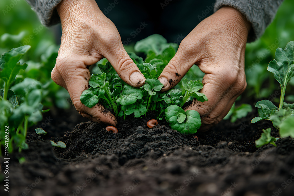 Close-up of woman hands holding black soil with a green sprout Close-up of woman hands holding black soil with a green sprout