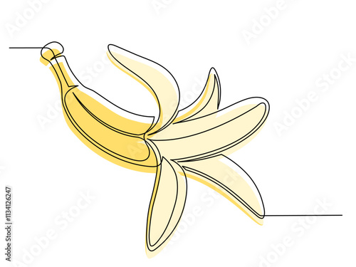 Continuous one line open yellow banana isolated on white background. Simple fruit silhouette. Hand drawn banana outline. Vector illustration