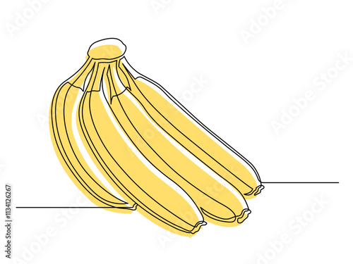 Continuous one line yellow banana bunch isolated on white background. Simple fruit silhouette. Hand drawn banana outline. Vector illustration