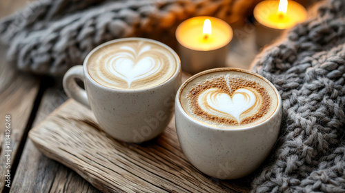 Warm coffee cups with heart latte art, cozy ambiance with candles