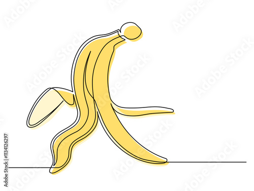 Continuous one line yellow banana peel isolated on white background. Simple peel silhouette. Hand drawn banana outline. Vector illustration