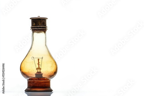 A vintage oil lamp with a glass body and metal top, showcasing its classic design.