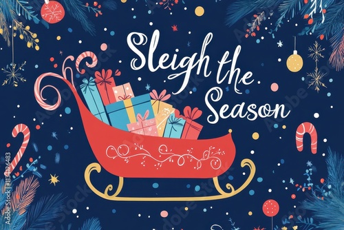 Celebrate the holiday spirit with a festive sleigh filled with colorful gifts and decorations