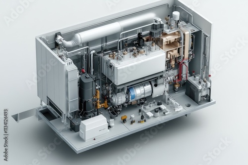 Modern industrial power generator showing internal components and wiring