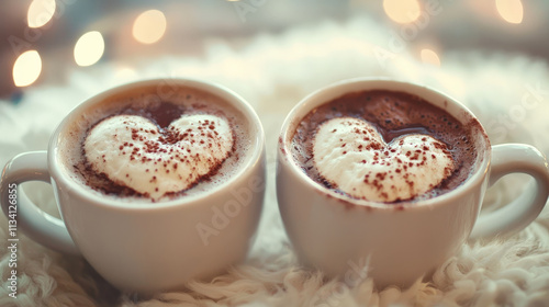 Warm coffee cups with heart shaped foam create cozy atmosphere