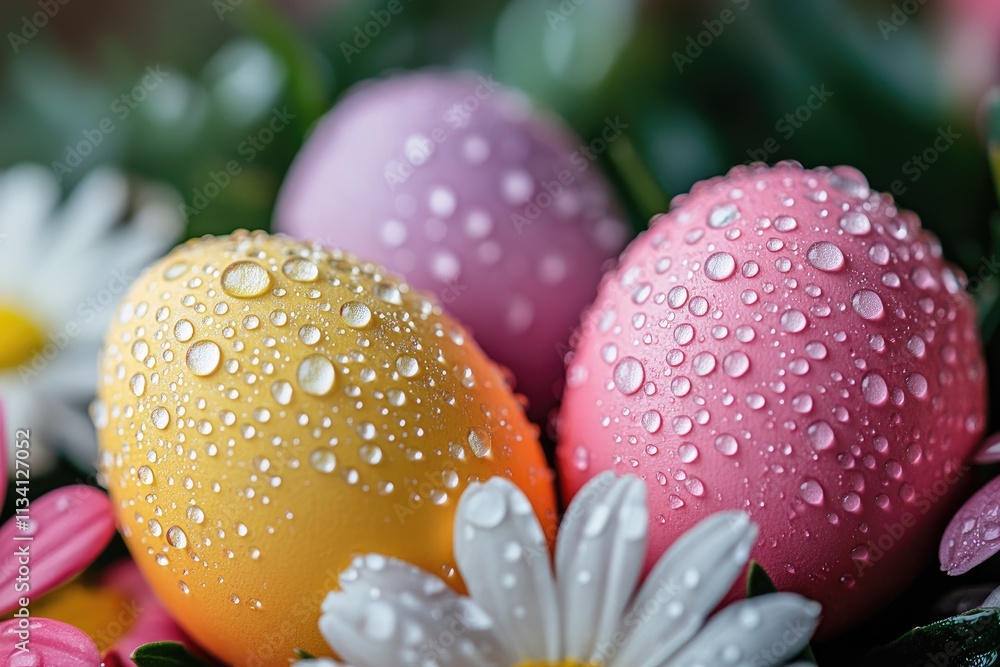 Colorful easter eggs with water droplets resting in flowers Colorful easter eggs with water droplets resting in flowers
