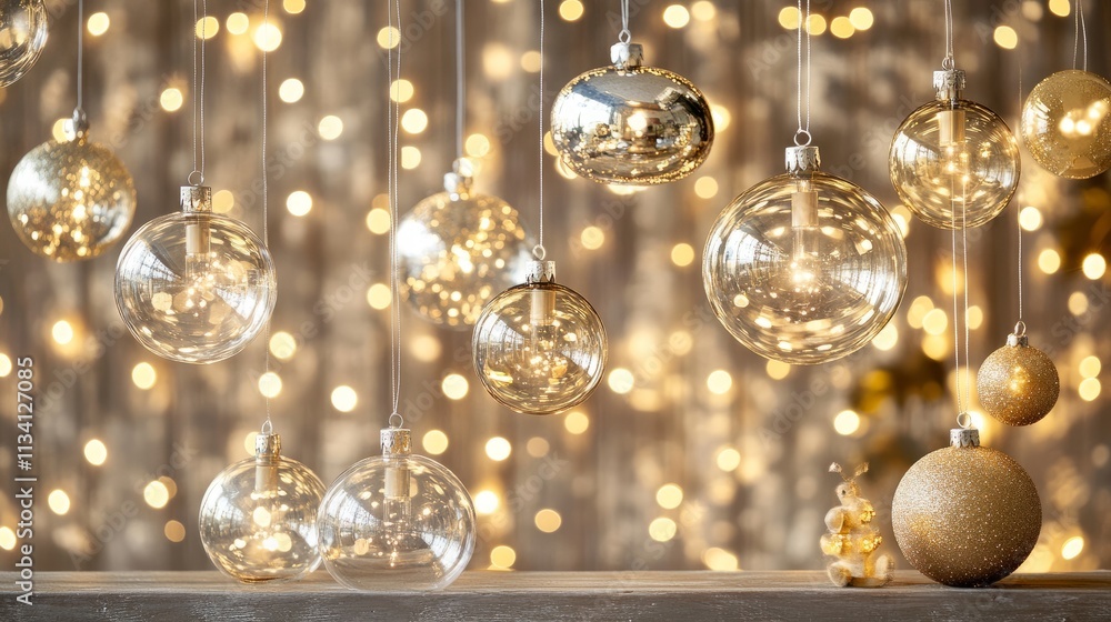 A magical arrangement of glass baubles with reflective surfaces, set against a backdrop of warm, twinkling lights A magical arrangement of glass baubles with reflective surfaces, set against a backdrop of warm, twinkling lights