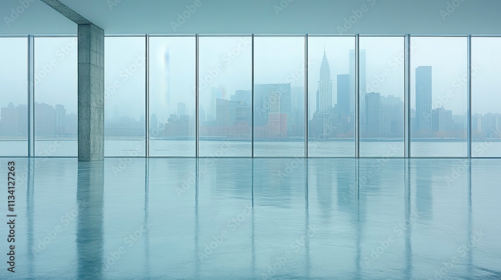 Futuristic business background with office window and city skyline in double exposure representing modern corporate success digital technology and the dynamic nature of business environments