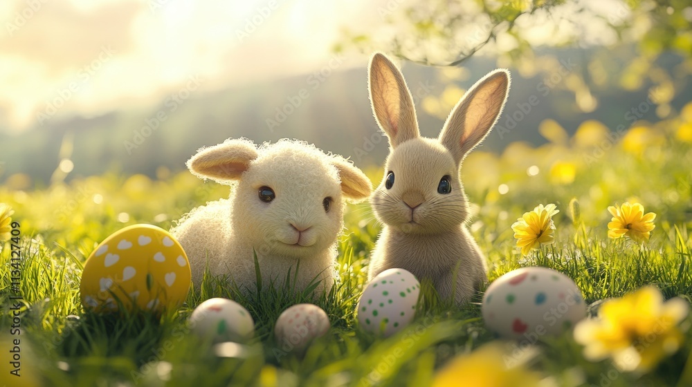 Fototapeta premium Easter bunny and lamb relaxing in meadow with colorful eggs